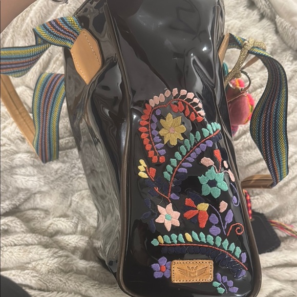 Consuela Black Tote Bag with Colorful Appliqués and Striped Strap - Picture 7 of 12